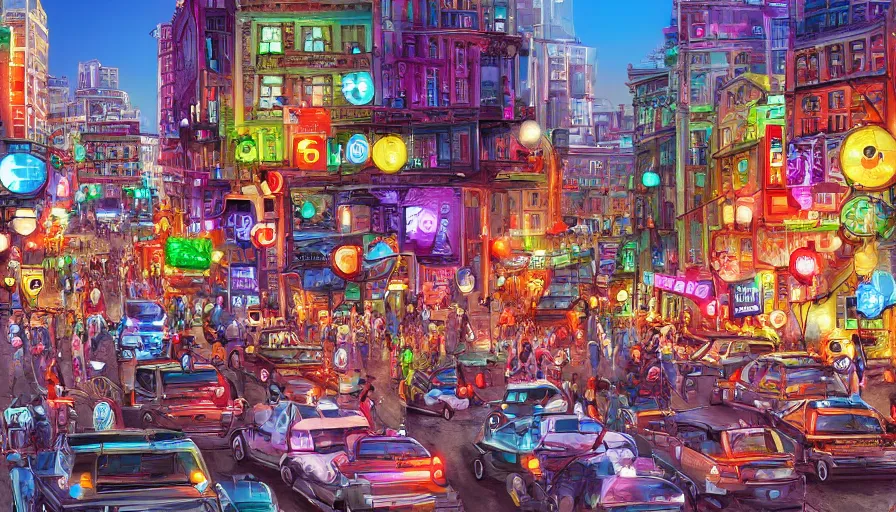 Image similar to a busy city street, digital art, highly detailed, realistic, bright colors, 8 k