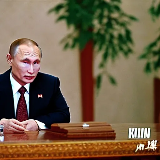 Image similar to sony 35mm photo of kim jong putin. Soft light, high quality