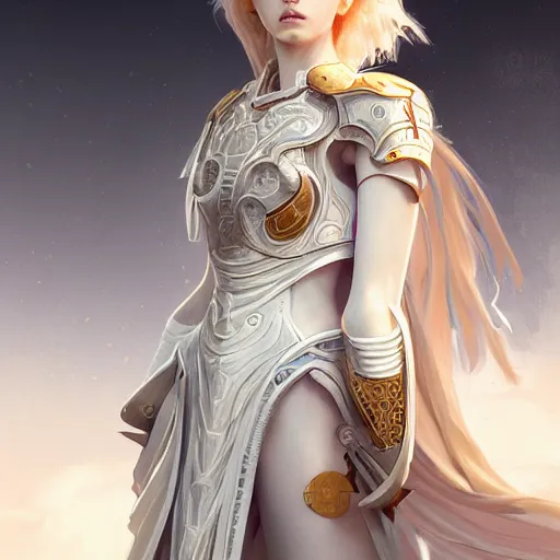 Image similar to portrait young knights of Zodiac girl, matt white color armor, in ruined Agora of Athens Sunrise, ssci-fi and fantasy, intricate and very beautiful and elegant, highly detailed, digital painting, artstation, concept art, smooth and sharp focus, illustration, art by tian zi and WLOP and alphonse mucha