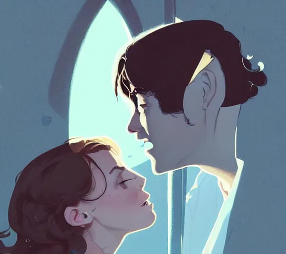 Image similar to portrait of harry kissing hermione by atey ghailan, by greg rutkowski, by greg tocchini, by james gilleard, by joe fenton, by kaethe butcher, dynamic lighting, gradient light blue, brown, blonde cream and white color scheme, grunge aesthetic