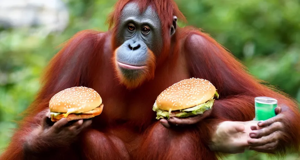 Image similar to an orangutan holding a burger in one hand and a drink in the other