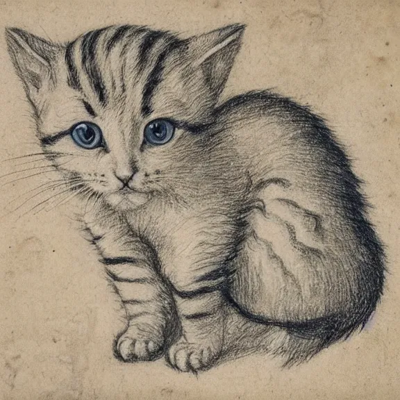 Image similar to a detailed, intricate drawing on parchment with white highlights of a cute kitten on a beach, by albrecht durer