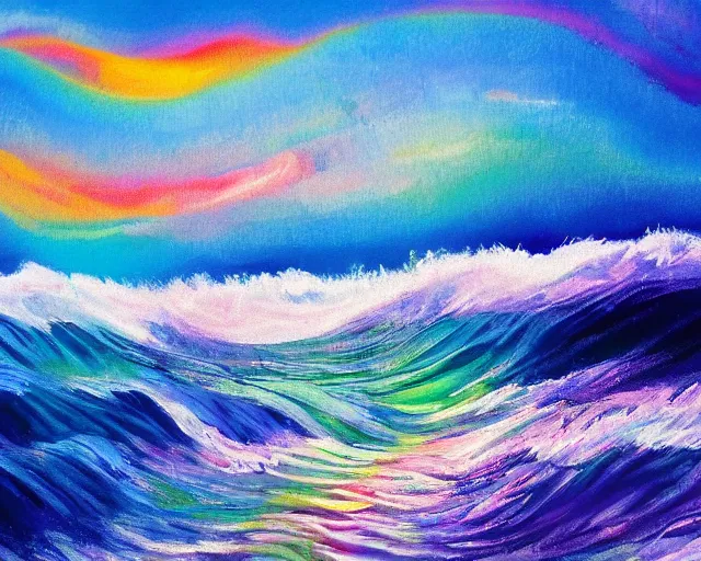 Prompt: Ocean waves in a psychedelic dream world. Landscape painting.