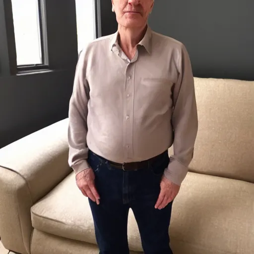 Prompt: full body photo of steve, mature male, mysterious face. he is a doctor. he is sitting gracefully on a sofa, elegant slim beige shirt, tight shirt, big, firm, soft, bouncy belly