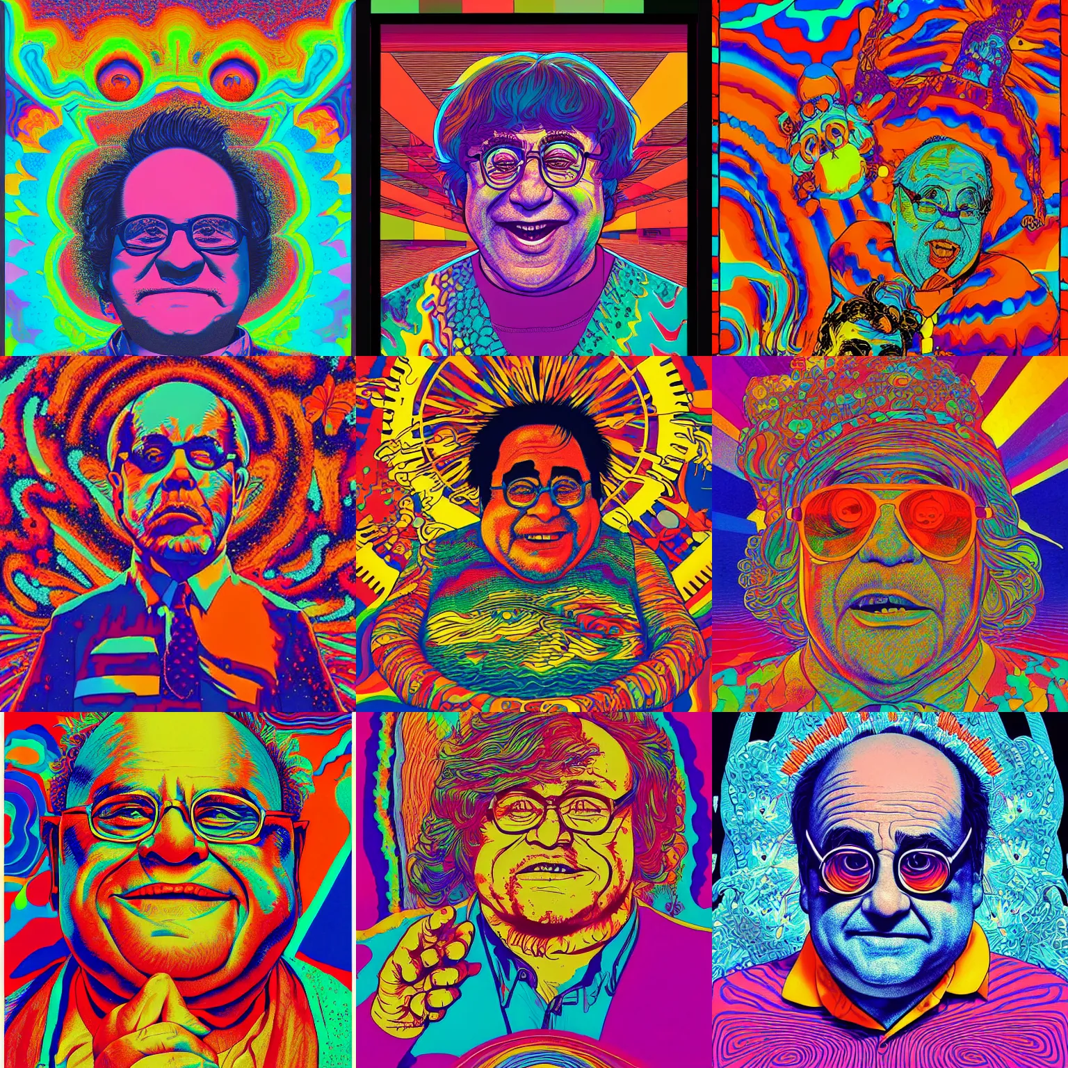 Prompt: lsd acid blotter art featuring danny devito, psychedelic hallucination, trippy screenprint by kawase hasui, moebius, android jones. colorful flat surreal design, hd, 8 k, artstation