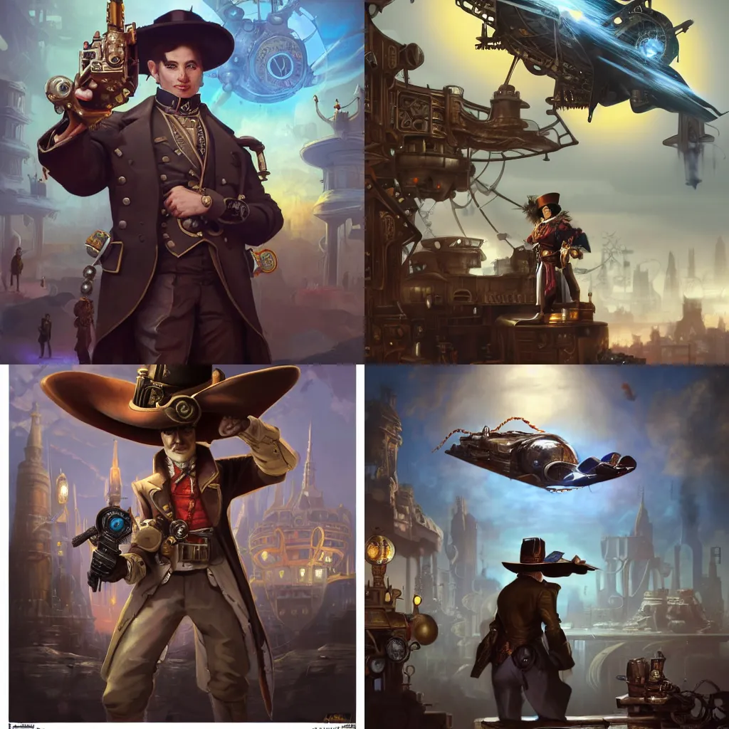 Prompt: a poster of a noble male in hat in the center, posing with revolver on steampunk spaceship on background, by tyler edlin and lindsey look, victorian, concept art, steam romance, adventure, jonathan winterhart, detailed, 4k resolution, trending on artstation