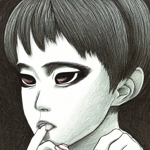 Image similar to “ a detailed portrait of wolfychu drawn by junji ito ”