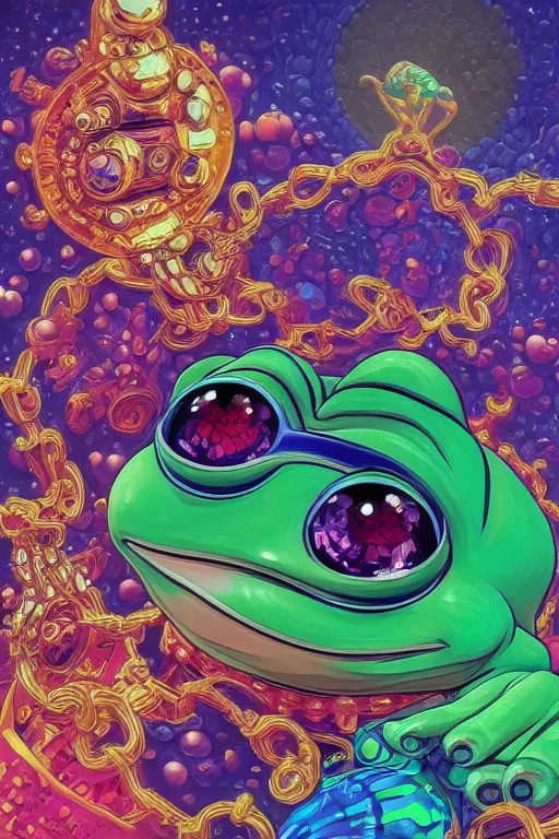 Image similar to maximalist detailed gemstone pepe the frog by adoryanti, machine. delusions, holosomnia, electrixbunny, rendered in discodiffusion. decorated with pearls and gems, behance hd by jesper ejsing, by rhads, makoto shinkai, ilya kuvshinov, rossdraws global illumination ray tracing hdr radiating a glowing aura