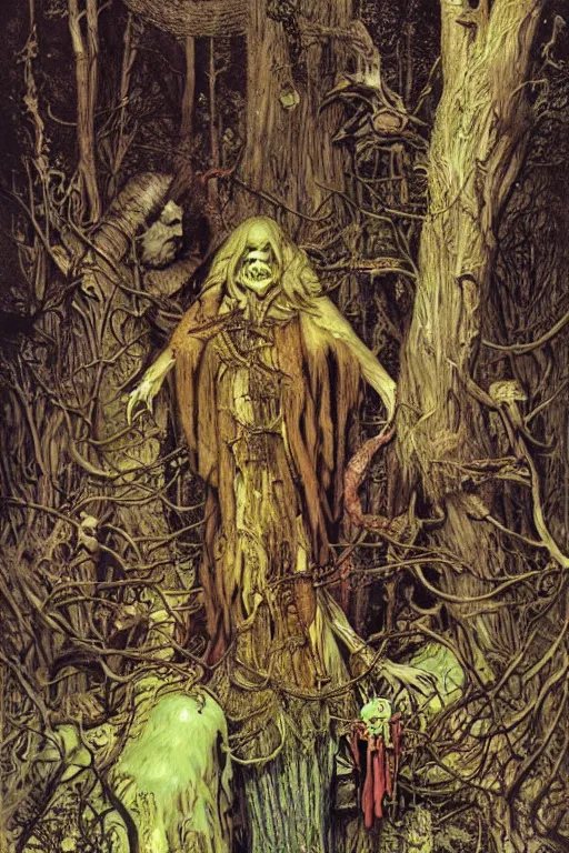 Prompt: a horrible ugly evil witch baba yaga in the forest, by lawrence alma tadema and zdzislaw beksinski and norman rockwell and jack kirby and tom lovell and greg staples