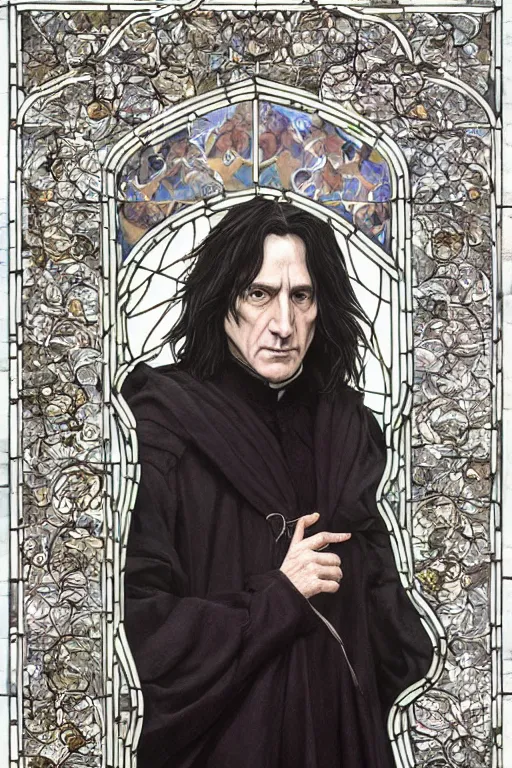 Prompt: breathtaking detailed painting of a stained glass of a handsome severus snape, with a long intricate cloak and silver ribbons, by ayami kojima and brom, detailed realistic facial features, 8 k, concept art, matte, sharp focus, rembrandt style