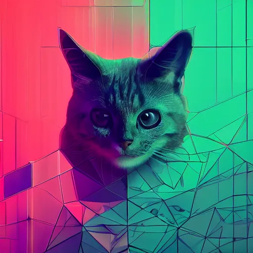 Prompt: high quality photo of cat, digital art, polygonal art, cyberpunk, synthwave