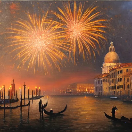 Image similar to an oil painting of couple kissing, in a background fireworks in venice