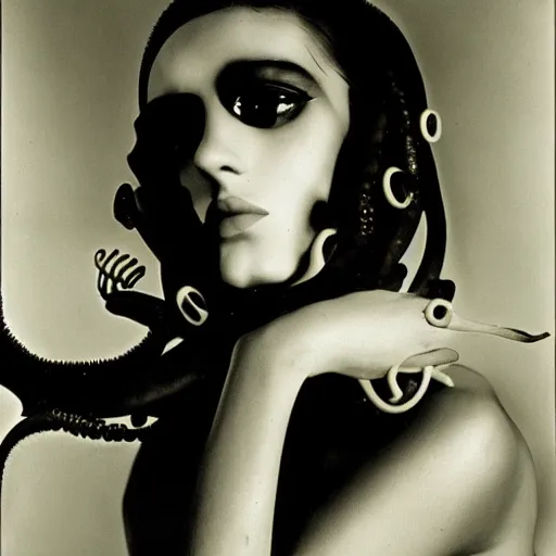 Image similar to A portrait of a beautiful cyberpunk girl with octopus, by Man Ray and Helmut Newton, fine art