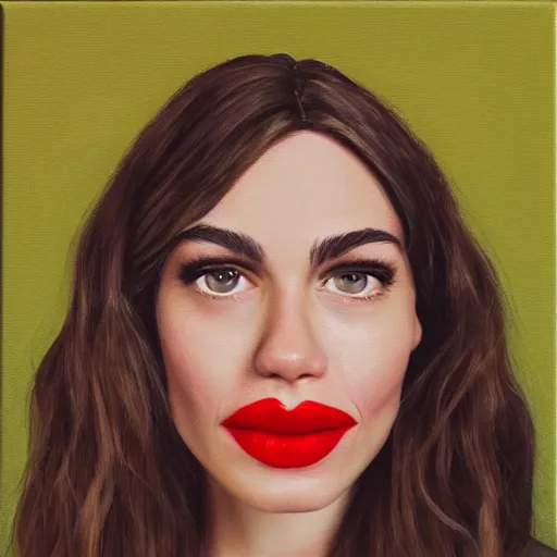 Prompt: portrait of cara delevinge as a muppet with bright red lipstick, headshot, oil on canvas