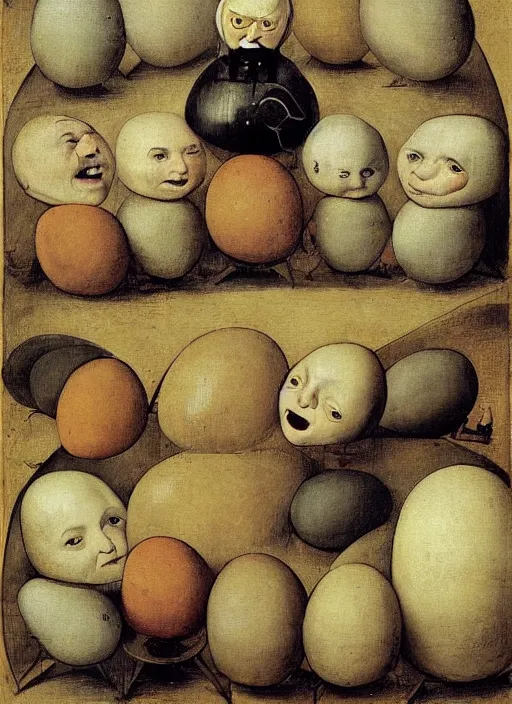 Image similar to a dozen eggs of silly round humpty dumpty with jack black facial expression, realistic, by hieronymus bosch and pieter brueghel