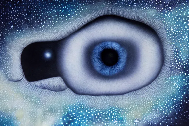 Image similar to close - up of an eye with factal stars and clouds by mary jane ansell, behance contest winner, psychedelic art,