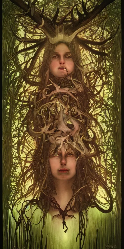 Image similar to intense bioluminescent pagan god with antlers and fangs and intense glowing eyes in very dark forest by mark ryden and alphonse mucha, portrait, fantasy, clear, light beams, lens flare, intense, uhd, amazing depth, cinematic lighting