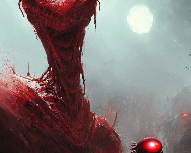 Prompt: spider - like alien creature, red, eyes growing on creature ; high detailed artwork by greg rutkowski ; sci - fi, detailed, scary, dangerous