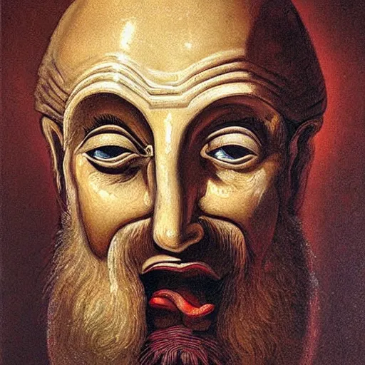 Image similar to portrait of ancient silly greek man with big eyes and sharp nose and open mouth. fine detail. artistic painting by lurid