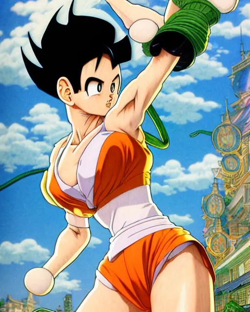 Image similar to ' videl from dbz ', beautiful shadowing, 3 d shadowing, reflective surfaces, illustrated completely, 8 k beautifully detailed pencil illustration, extremely hyper - detailed pencil illustration, intricate, epic composition, masterpiece, bold complimentary colors. stunning masterfully illustrated by artgerm, range murata, alphonse mucha, katsuhiro otomo.