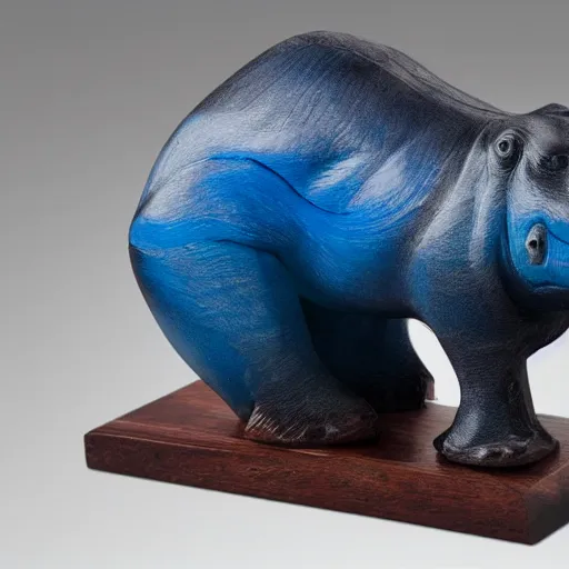 Image similar to a small smooth hippo statue carved from natural wood, dipped in polished blue resin, half and half, mixed media, side view