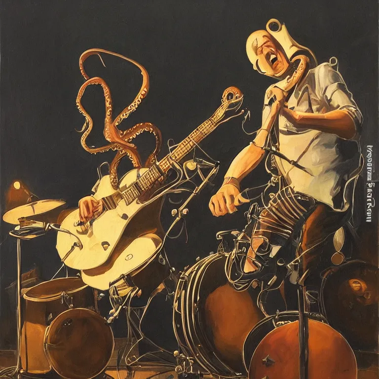 Prompt: a beautiful painting by joseph christian leyendecker of an octopus playing drums and telecaster guitar in a rock concert, dark background, concert light, dark mood, cold lighting