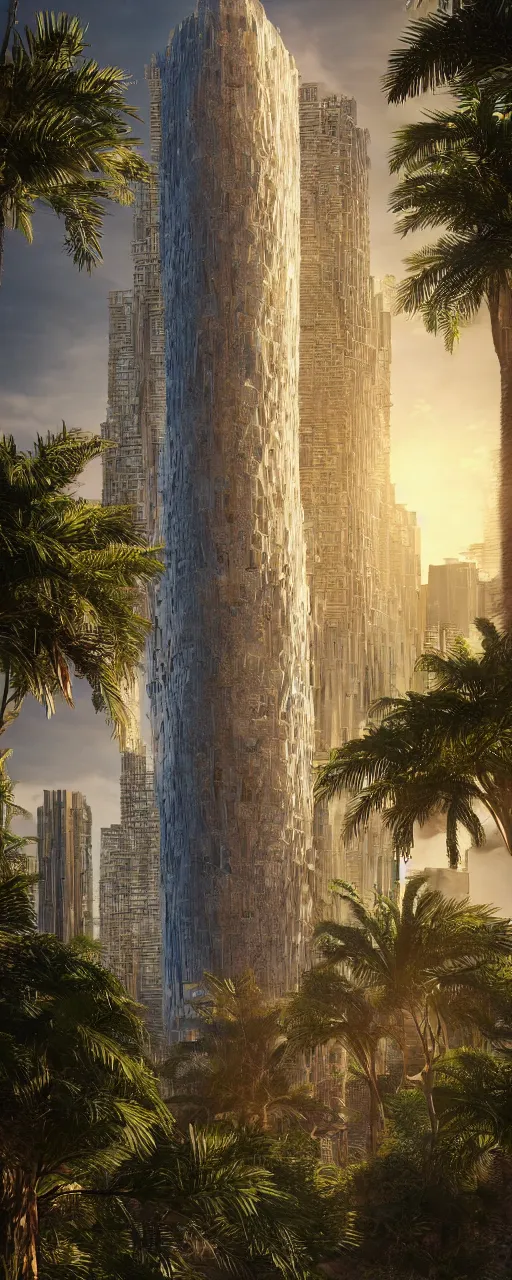 Prompt: photorealistic photo a contemporary babylon tower, golden details, sacred geometry architecture, cascading highrise, arid mountains with lush palm forest, sunlight, god rays, post - production, octane, cgi, sfx