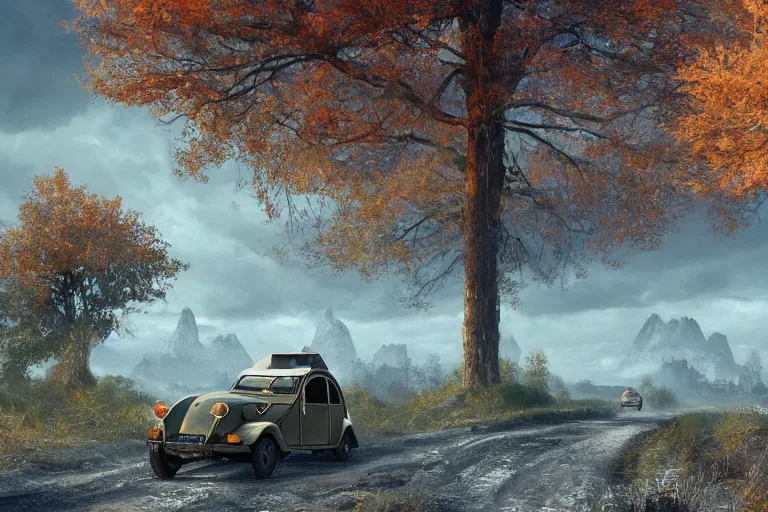 Image similar to offroad citroen 2 cv ( 1 9 6 5 ) driving across the rift, riften city in the background, epic fantasy, autumn, the elder scrolls v : skyrim, dramatic lighting, establishing shot, by simon stalenhag