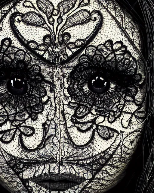 Prompt: extreme close up of a woman's eye, made of intricate decorative lace leaf skeleton, in the style of the dutch masters and gregory crewdson, dark and moody