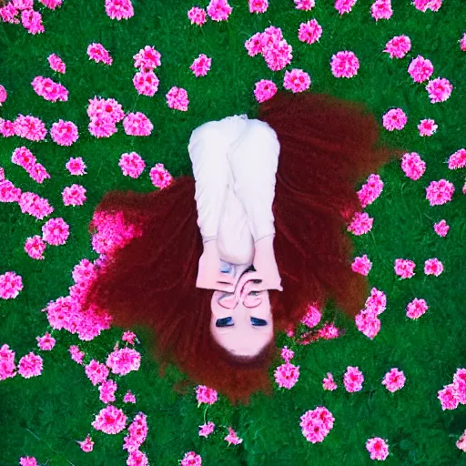 Prompt: close up aerial view portrait of a woman with curly red hair laying in a field of flowers looking at the camera, pastel faded effect, synthwave colors, 8K