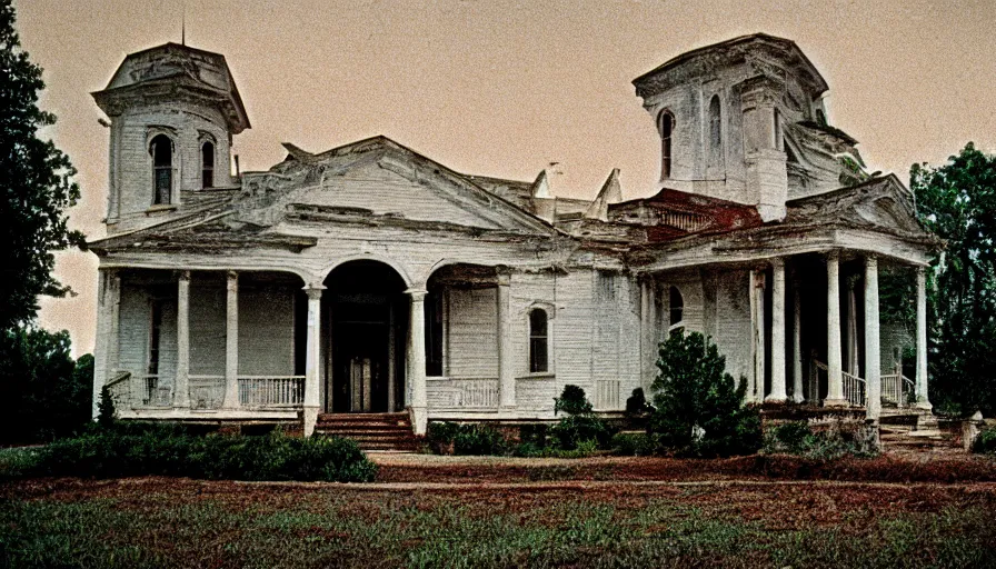 Prompt: 7 0 s film still from a horror movie about southern gothic architecture, kodachrome, cinecolor, cinestill, film grain, film texture, retro, cinematic, high resolution, photorealism,