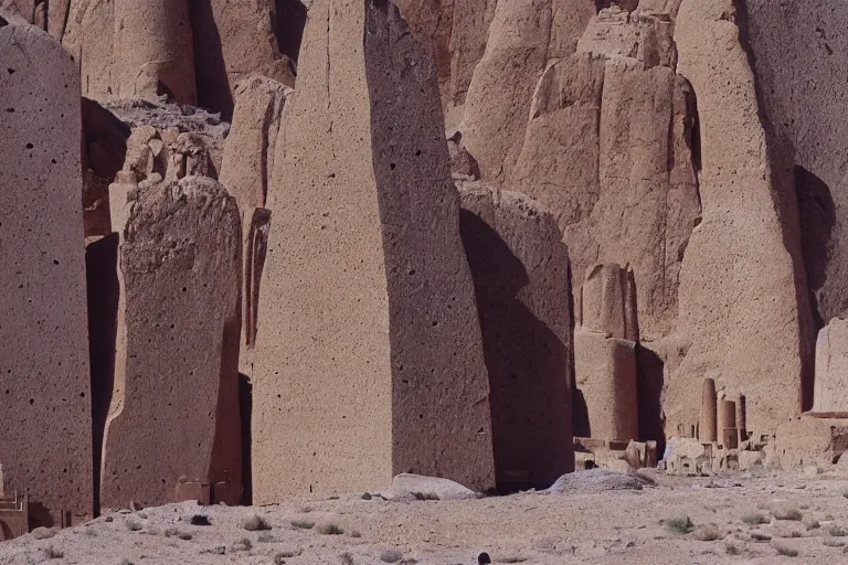 Image similar to film still of esoteric gigantic marble towers in the desert, by Étienne-Louis Boullée, ektachrome full-HD