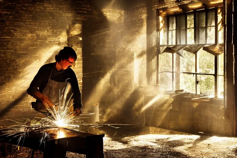 Image similar to blacksmith working, yellow sparks, rays of light trough a window, atmospheric, dramatic lighting, beautiful