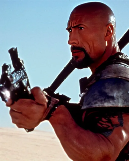 Image similar to film still close up shot of dwayne johnson in the movie mad max 2 the road warrior. photographic, photography