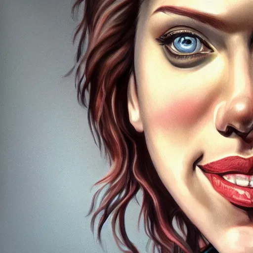 Image similar to funny caricature painting of scarlett johansson, closeup of face, drawing by mahesh nambiar, archille superbi, carola rubio, artstation