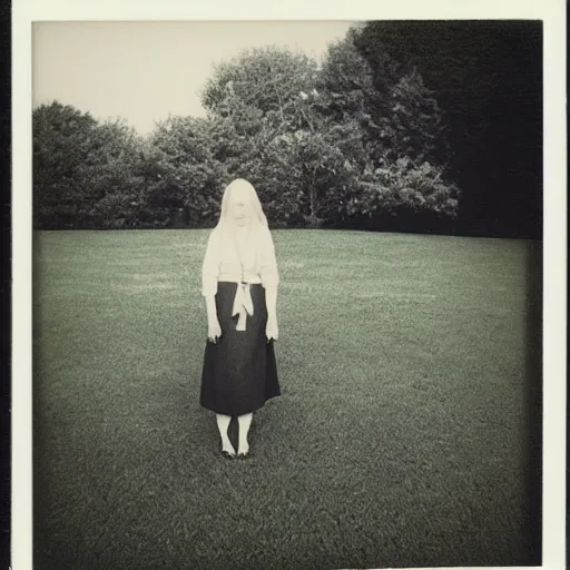 Image similar to woman at lawn, polaroid photography in style of andrey tarkovski, mystical, faith, sense of paranormal