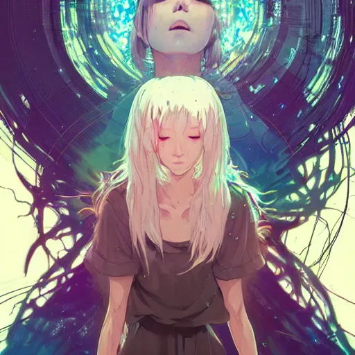 Image similar to god covered in bleach, with rhinestone eyes, covered in paralytic dreams, future pixels, illustration trending on artstation, anime. by hayao miyazaki and rossdraws and artgerm and greg rutkowski and alphonse mucha and studio ghibli and ilya kuvshinov. high quality, stunning, intricate detailed environment. 8 k