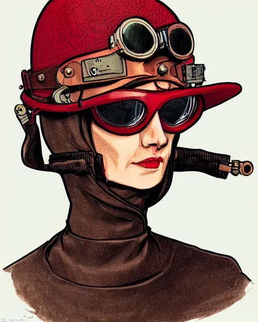 Prompt: portrait of friendly woman wearing old leather aviator helmet and steampunk goggles and scarf, red tones, detailed drawing, smooth and sharp black outlines, flat inked colors, scratched shadow, moebius, jean giraud, frank miller