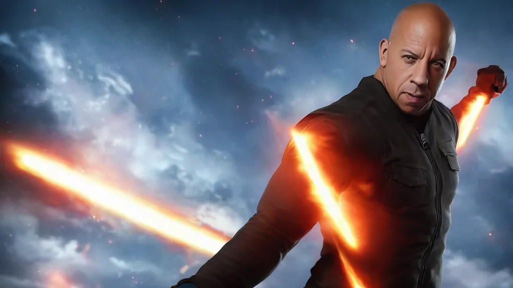 Image similar to vin diesel as saitama!!! throwing!!! a car!!!!!!!!!! into space, ultra realistic, lens flare, atmosphere, glow, detailed, intricate, full of colour, cinematic lighting, trending on artstation, 4 k, hyperrealistic, focused, extreme details, unreal engine 5, cinematic, masterpiece