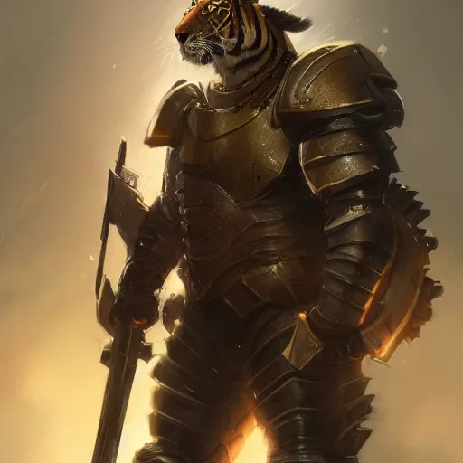 Image similar to commission portrait of a male anthro tiger wearing heavy combat armour.dramatic,character design by charles bowater,greg rutkowski,ross tran,hyperdetailed,hyperrealistic,4k,deviantart,artstation,professional photography,concept art