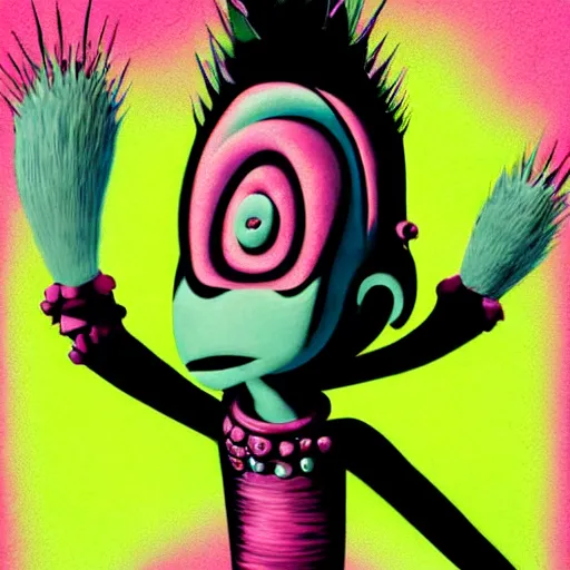 Image similar to a pink punk rock alien with black spiked hair, an airbrush painting by Jamie Hewlett, cgsociety, symbolism, antichrist, aesthetic, 8k