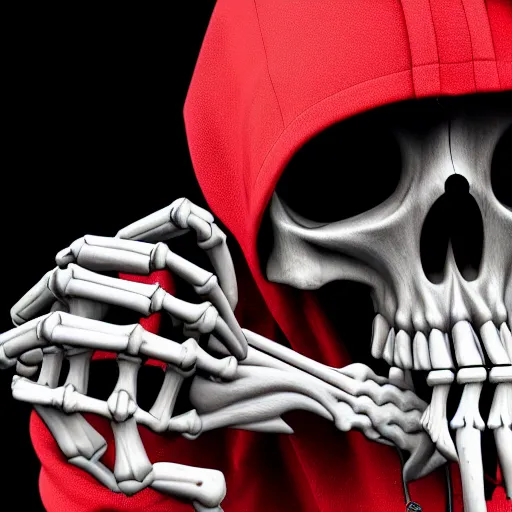 Image similar to a skeleton in a red hoodie with a rifle ultrarealism