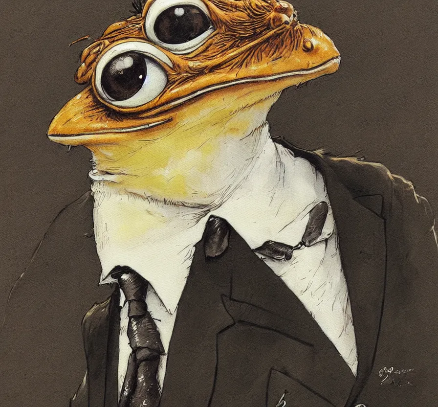 Image similar to pepe in business suit, by jean baptiste monge, acrilic paint