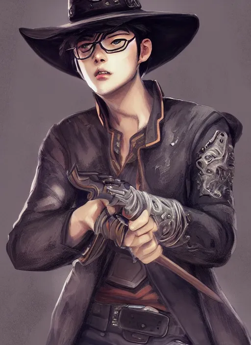 Image similar to a highly detailed illustration of cha eunwoo as a cowboy wearing black cowboy hat, dramatic wielding gun pose, perfect face, intricate, elegant, highly detailed, centered, digital painting, artstation, concept art, smooth, sharp focus, league of legends concept art, wlop