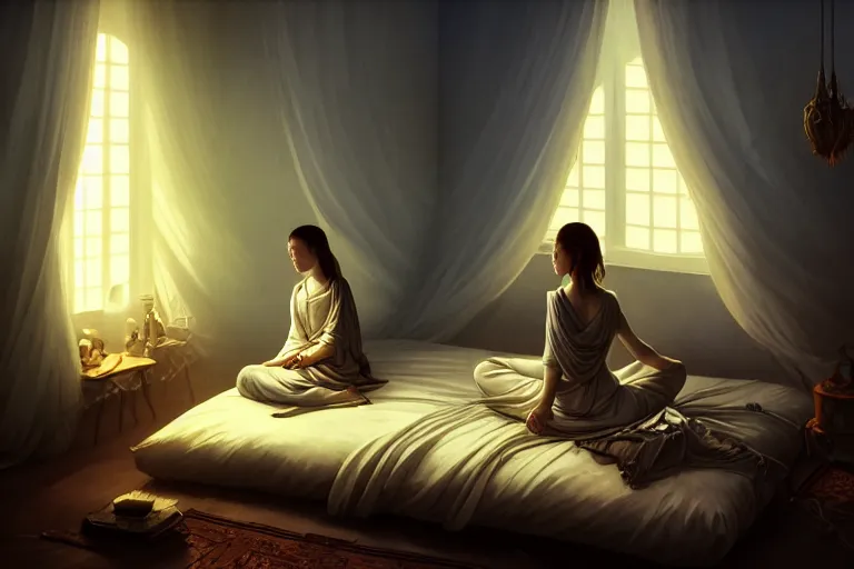 Image similar to girl meditating on the bed in her room, in the style of dariusz zawadzki, solarpunk, exact anatomy, atmospheric, clean, intricate and epic composition, dark by caravaggio, insanely quality, highly detailed, masterpiece, blue light, artstation, 4 k