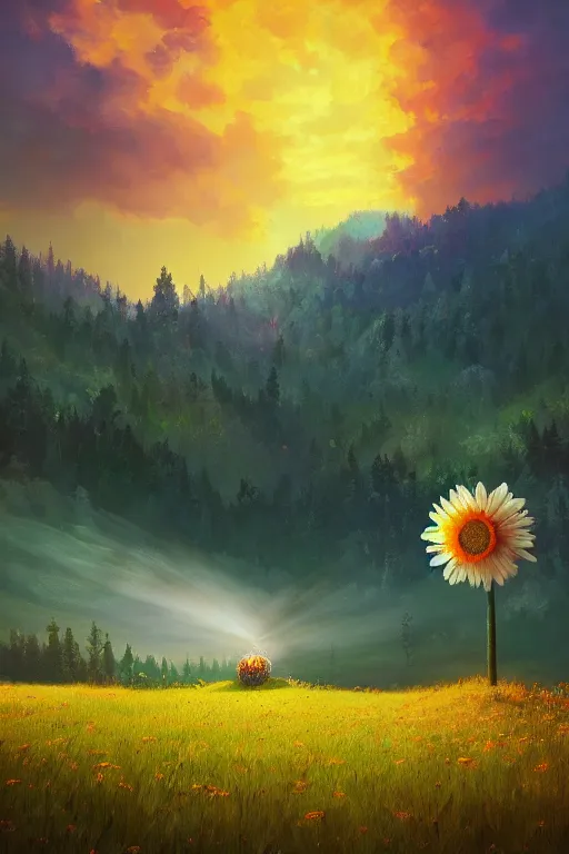 Image similar to giant daisy flower head, in the mountains, surreal photography, sunrise, dramatic light, impressionist painting, colorful clouds, digital painting, artstation, simon stalenhag