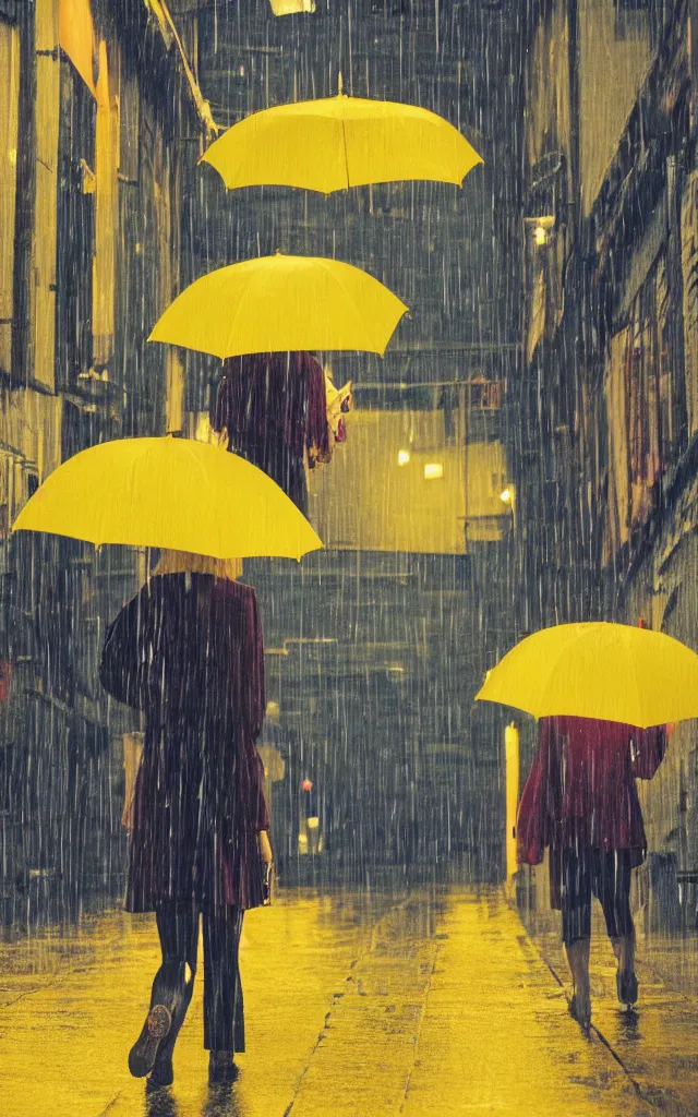 Prompt: a woman holding a yellow umbrella walking on the wet street on a rainy night in a fukuoka alley way by wes anderson and makoto shinkai. dramatic lighting. cel shading.