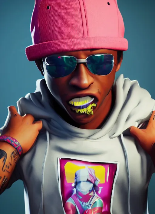 Image similar to close - up shot of the rapper ski mask the slump god as a fortnite skin, au naturel, hyper detailed, digital art, trending in artstation, cinematic lighting, studio quality, smooth render, unreal engine 5 rendered, octane rendered, by riot games epic games rockstar games ubisoft