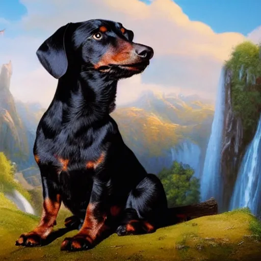 Prompt: black fur dachshund sitting on top of a hill, waterfall in background, matte painting, cartoon, historical painting, wooden frame painting