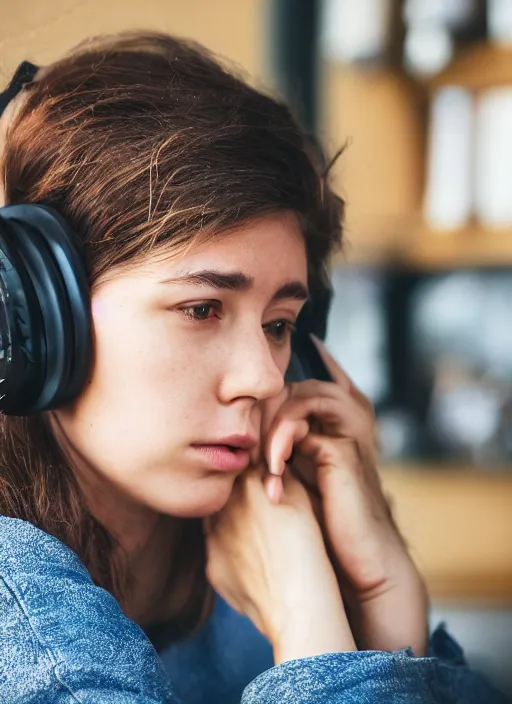 Image similar to young adult woman in a coffee shop wearing headphones looking bored, natural light, magazine photo, 5 0 mm lens